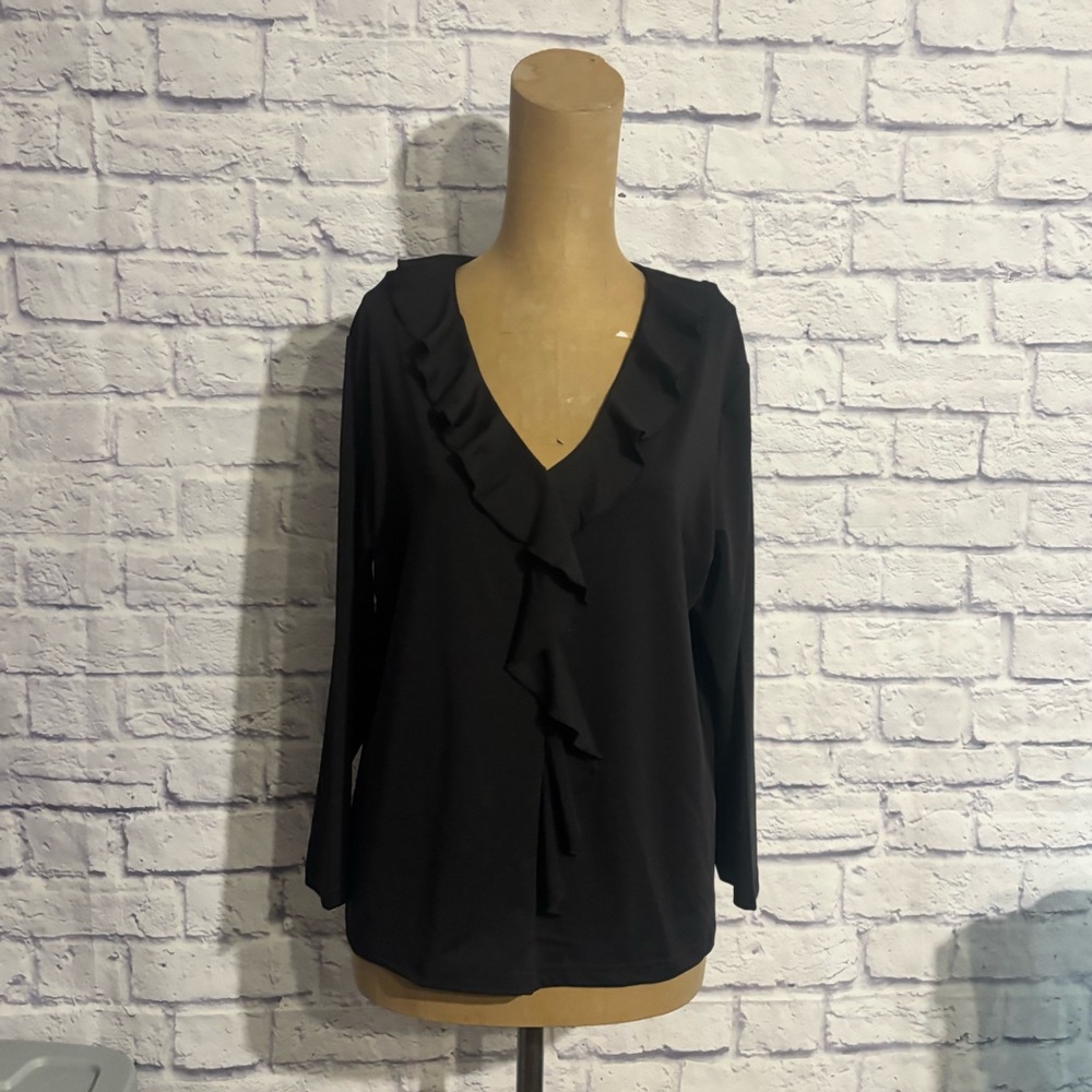 Black Ruffle V-Neck Long Sleeve Blouse Women’s Top